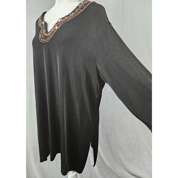 Vintage 90s Slinky Brand Womens 2X Tunic Top Black 3/4 Sleeve Fairy Stretchy USA - Picture 4 of 13